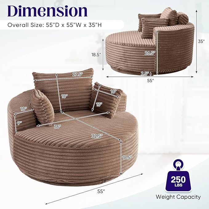 360-Degree Oversized Swivel Chair, Modern Round Circle Corduroy Comfy Deep Seat Swivel Accent Chaise Lounge Sofa Chair with Back Cushion & 2 Throw Pillows for Living Room Bedroom Office, Brown