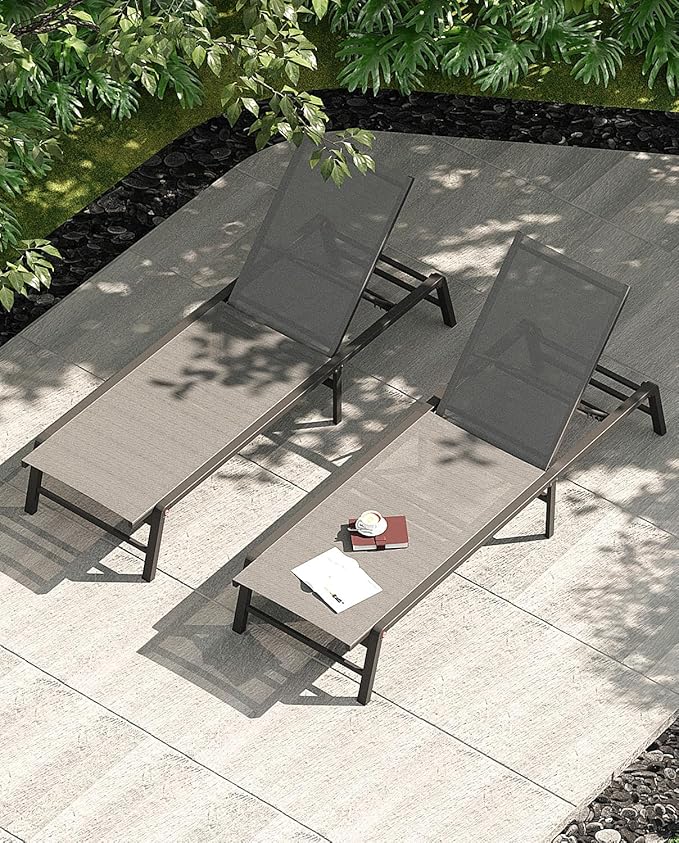FHVIT Aluminum Chaise Lounge Chair Outdoor, Foldable Patio Lounge Chair 2 Sets Assemble-Free, Pool Lounge Chairs with 5 Adjustable Backrest, Outdoor Lounge Chairs for Outside Poolside Beach Lawn Grey