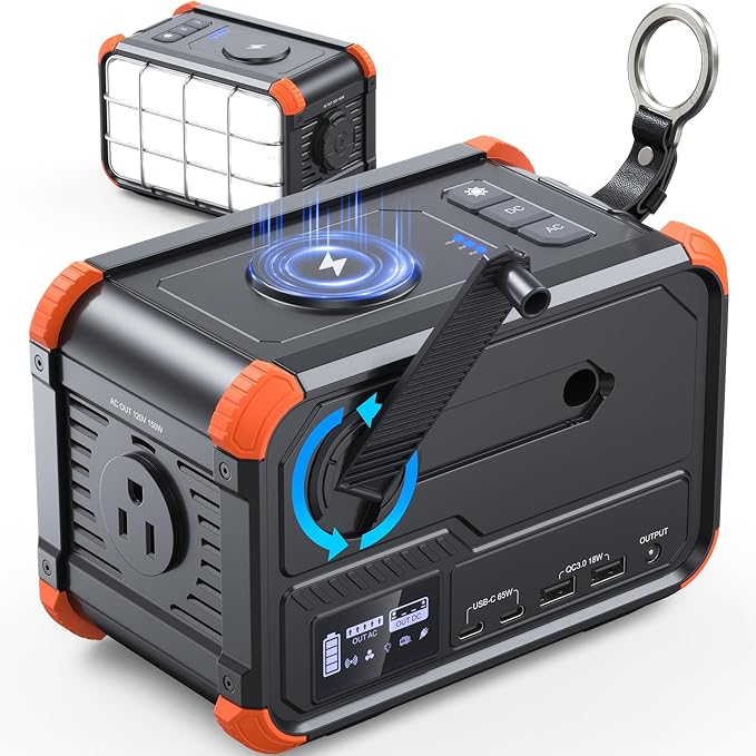 BROWEY Portable Power Station 153Wh Camping Small Solar Generator with Hand Crank 120V 150W AC Outlet Lithium Battery Powe...