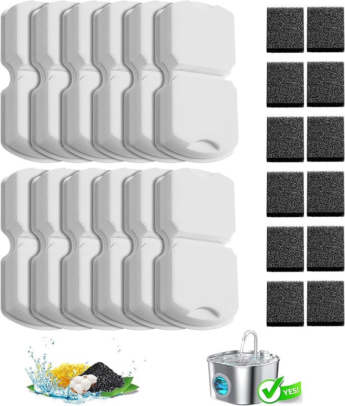 HOOISE Cat Water Fountain Filters: 12Pack Replacement Pet Fountain Filter of 12 Carbon Filters & 12 Sponges - Use for HOOI...