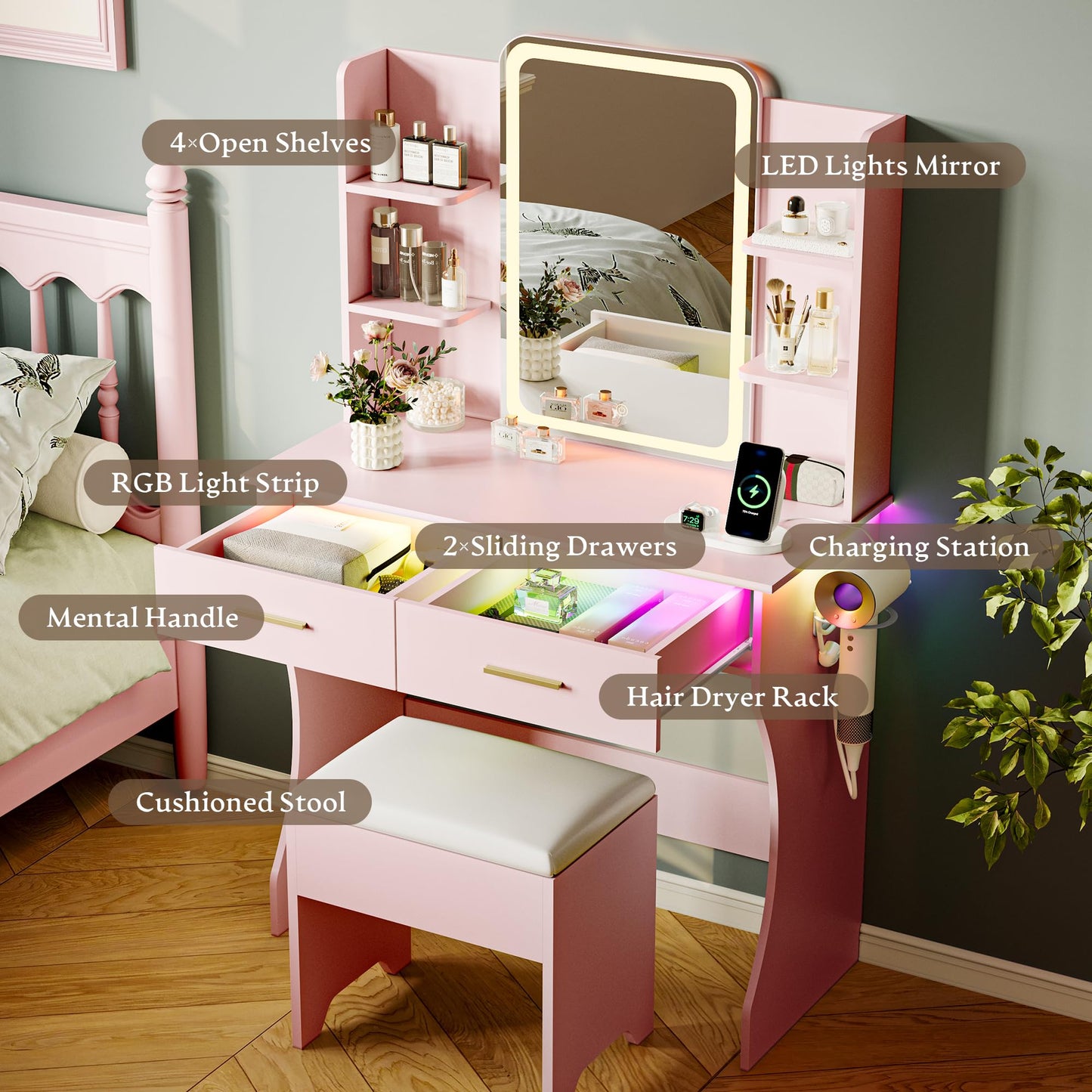 Pink Makeup Vanity Desk with Mirror and Lights, Small Vanity Table Set with Power Outlet, Dressing Table with 2 Drawer & 4 Storage Shelves, Adjustable RGB Lighting, Includes Chair for Girl’s Bedroom