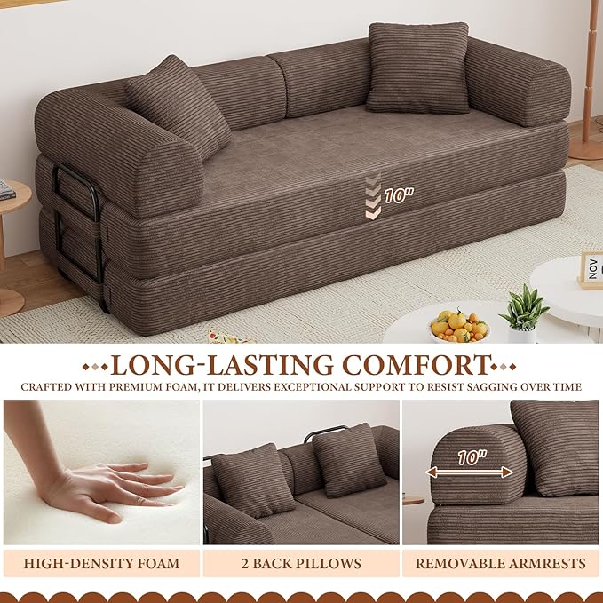 77" Convertible Sofa Bed, Modular Folding Futon Corduroy Floor Foam Compressed Loveseat Sleeper Sofa Couch, Pull Out Queen Size Couch Bed with 2 Pillows for Living Room Guest Room Studio, Brown