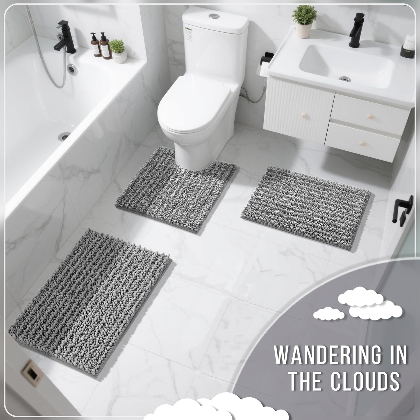 Yimobra Bathroom Rugs Non Slip Washable 24x17 Inch - Ultra Soft Absorbent Chenille Bath Mat, Quick Dry Shaggy Floor Carpet for Tub Shower, Gray Home Decor Accessories