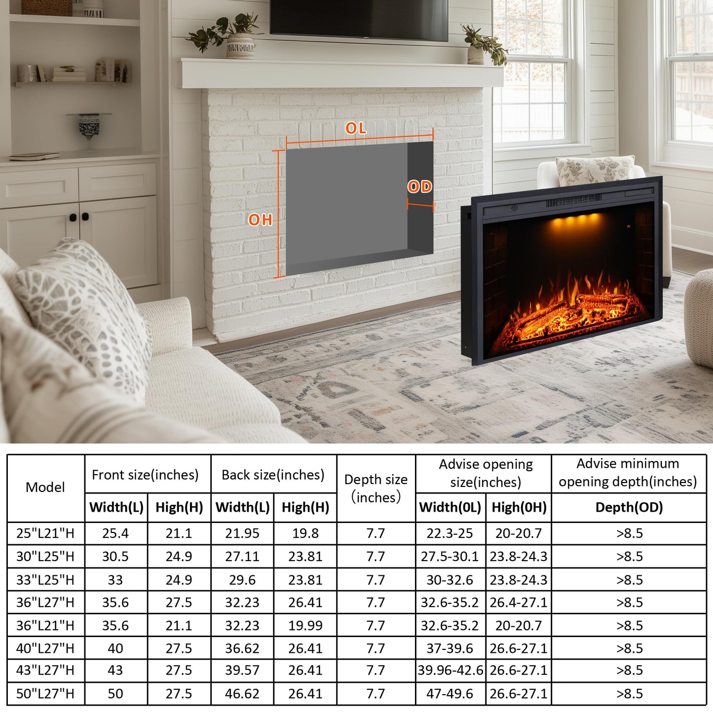 Valuxhome Electric Fireplace, 40 Inches Fireplace Insert, Electric Heater with Overheating Protection, Fire Crackling Sound, Remote Control, 750/1500W, Black, 40" L27 H