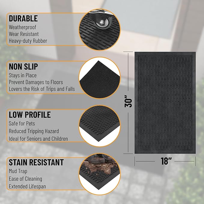 Sweet Home Stores Indoor/Outdoor Rug Ribbed Waterpoof Design Multi-Purpose Rubber Mat, Perfect for Kitchens, Entryways, Living Rooms, Office, 18" x 30", Charcoal