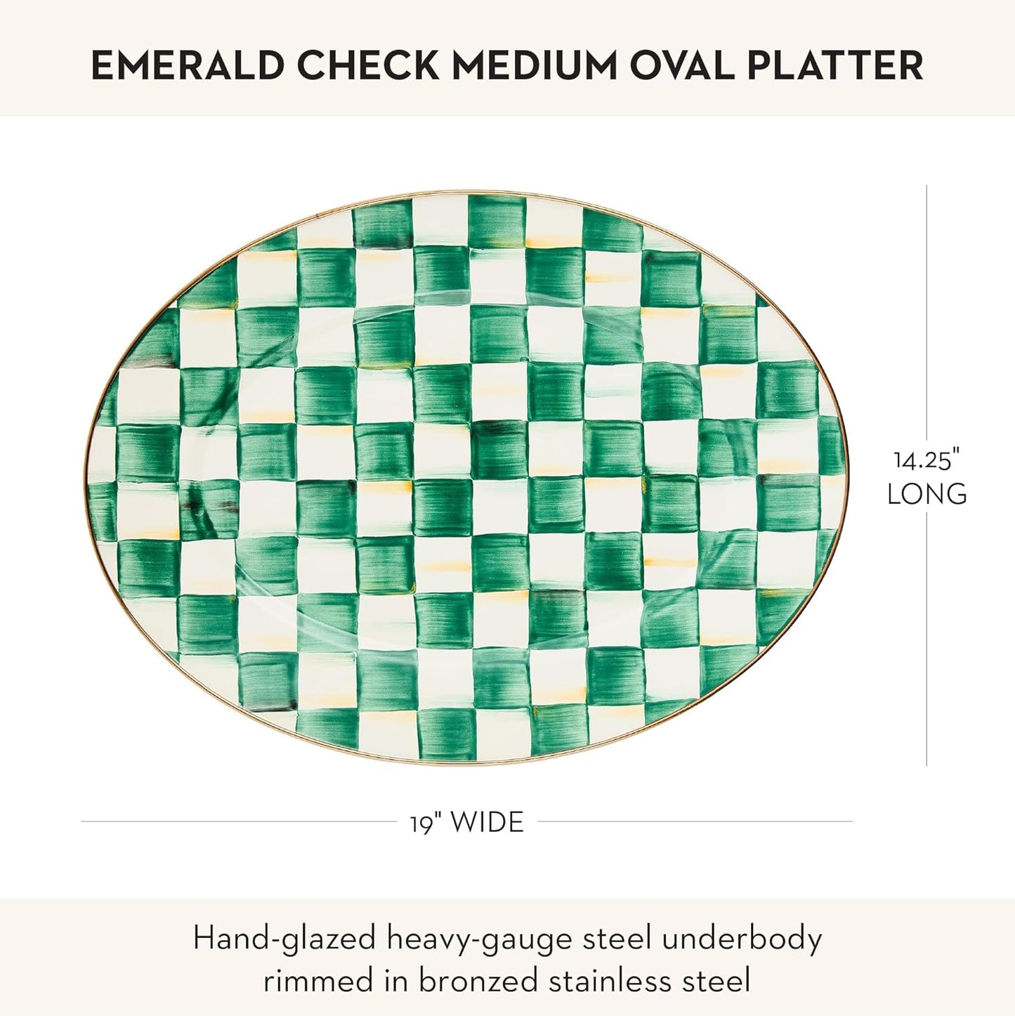 MACKENZIE-CHILDS Enamel Oval Platter, Serving Plate for Entertaining, Medium, Green-and-White Emerald Check