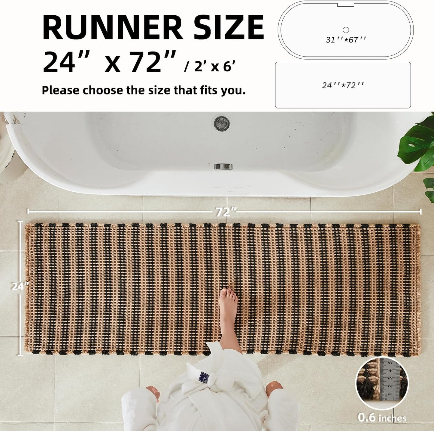 Waffle Runner Rug Bathroom, Long Boho Bathroom Rugs Non Slip Washable Super Absorbent Quick Dry Farmhouse Bath Decor, 72"x24" Black and Khaki