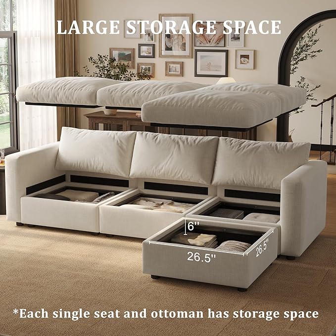 Cloud Modular Sectional Sofa Couch with Storage Ottoman, 128" Oversized Sectional Couches for Living Room, Cloud Modular U-Shaped Sofa with Chaise, 7 Seater, Chenille, Beige