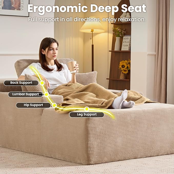 ovios 67'' Chaise Lounge Chair Indoor, Oversized Upholstered Sofa Bed with Cup Holders, Sleeper Couch Reading Chairs Fluffy Plush Corduroy Cloud Sofas Couches Living Room, Camel