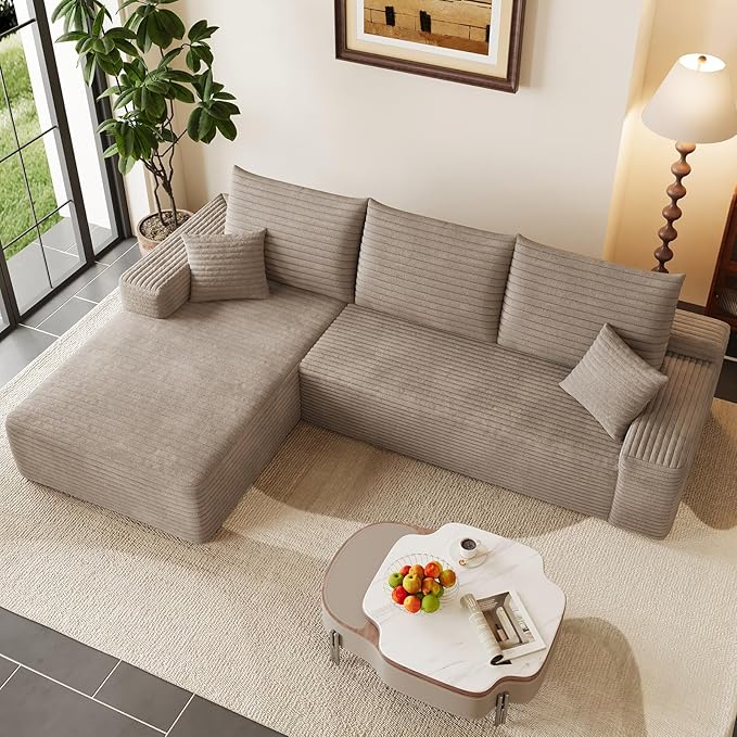 95" Cloud Sectional Couch with L-Shape Chaise, Modern Corduroy Boneless Couch for Living Room,Memory Foam Sofa with Deep Seat,No Assembly Required (Camel,Left-Facing Chaise)