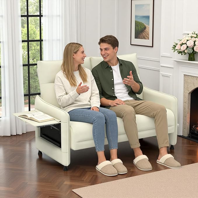 Tbillionnext Faux Leather Loveseat, Upholstered Loveseat with Hidden Foldable Tray & Side Pocket, Rear Contour Arm Design, Modern 2-Seater Sofa Couch for Small Spaces, Bedroom, Beige