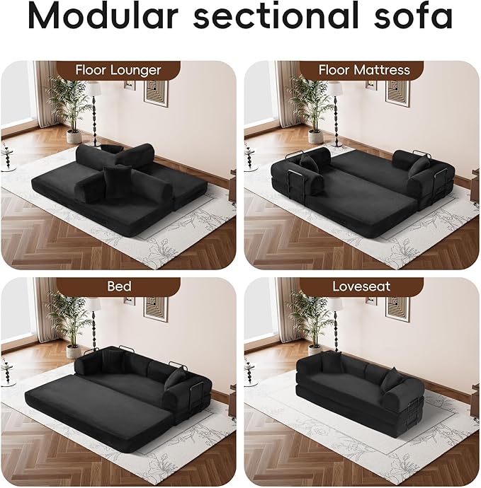 ZQRhome 79" 5-in-1 Convertible Sofa Bed, King Size Sleeper with Bonus Pillows & Heavy Duty Frame, No Assembly Corduroy Couch Bed for Movie Night & Guest Room, Black