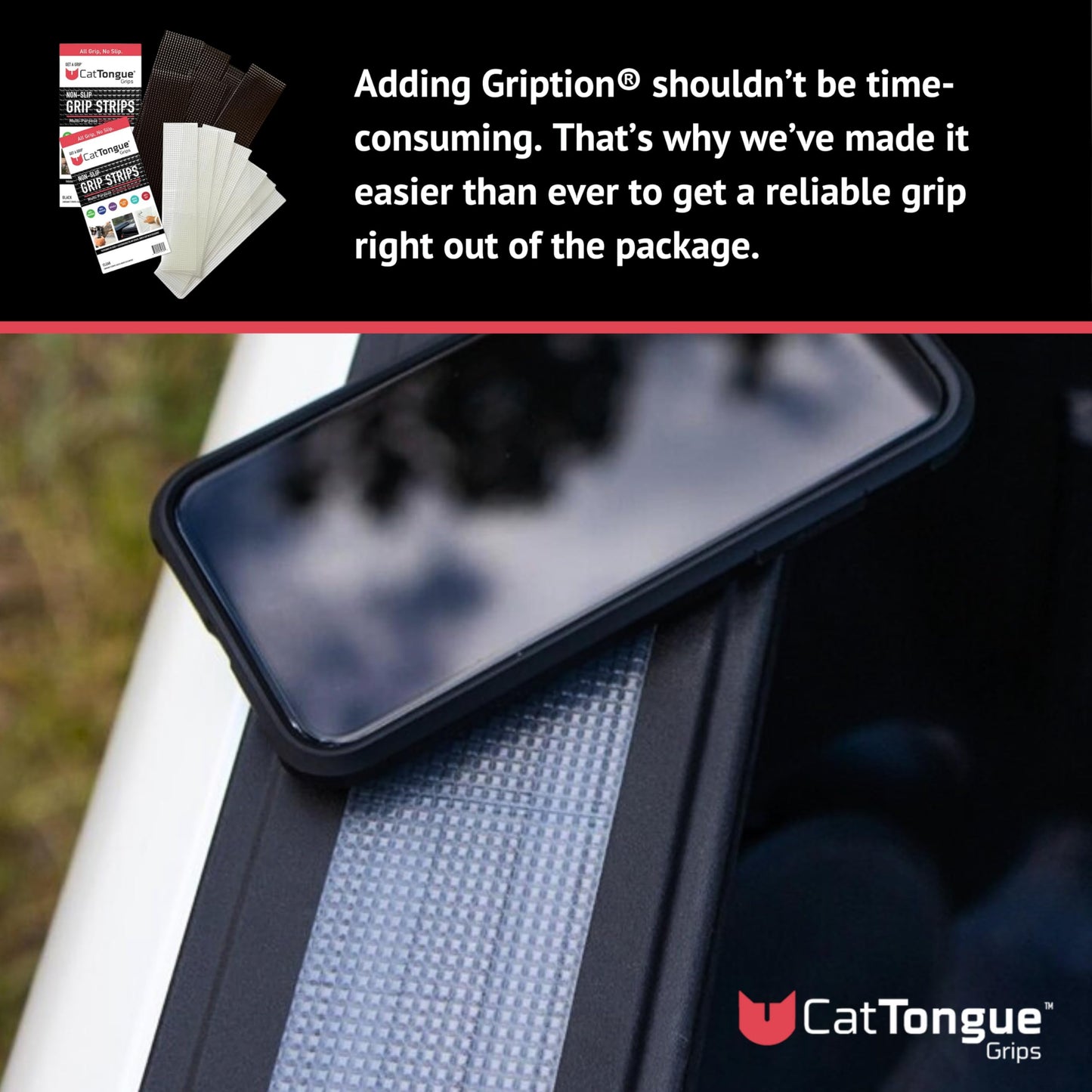 CATTONGUE GRIPS 2” Non-Abrasive Grip Tape Strips - Heavy-Duty, Waterproof Anti-Slip Tape for Furniture, Bathtubs, Frames, Gaming & More - Indoor & Outdoor Anti-Slip Solution (Black)