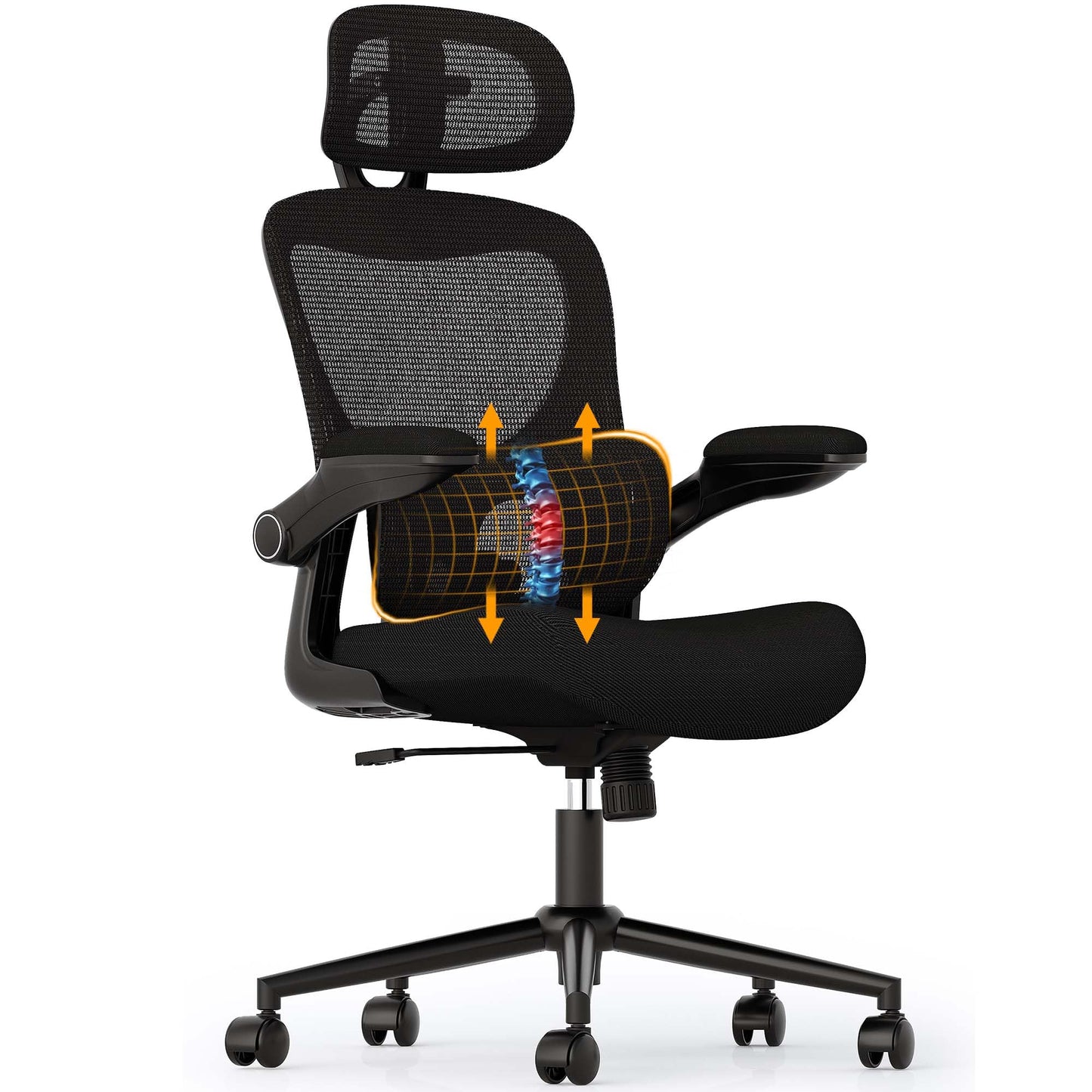 SUNNOW Ergonomic Office Chair, Comfy Mesh Desk Chair, High Back Computer Gaming Chairs with Adjustable Lumbar Support, Flip-Up Arms, Headrest, Tilt Function, Wide Cushion, Swivel Wheel, BIFMA Quality