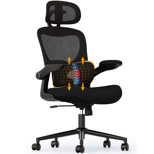 SUNNOW Ergonomic Office Chair, Comfy Mesh Desk Chair, High Back Computer Gaming Chairs with Adjustable Lumbar Support, Flip-Up Arms, Headrest, Tilt Function, Wide Cushion, Swivel Wheel, BIFMA Quality