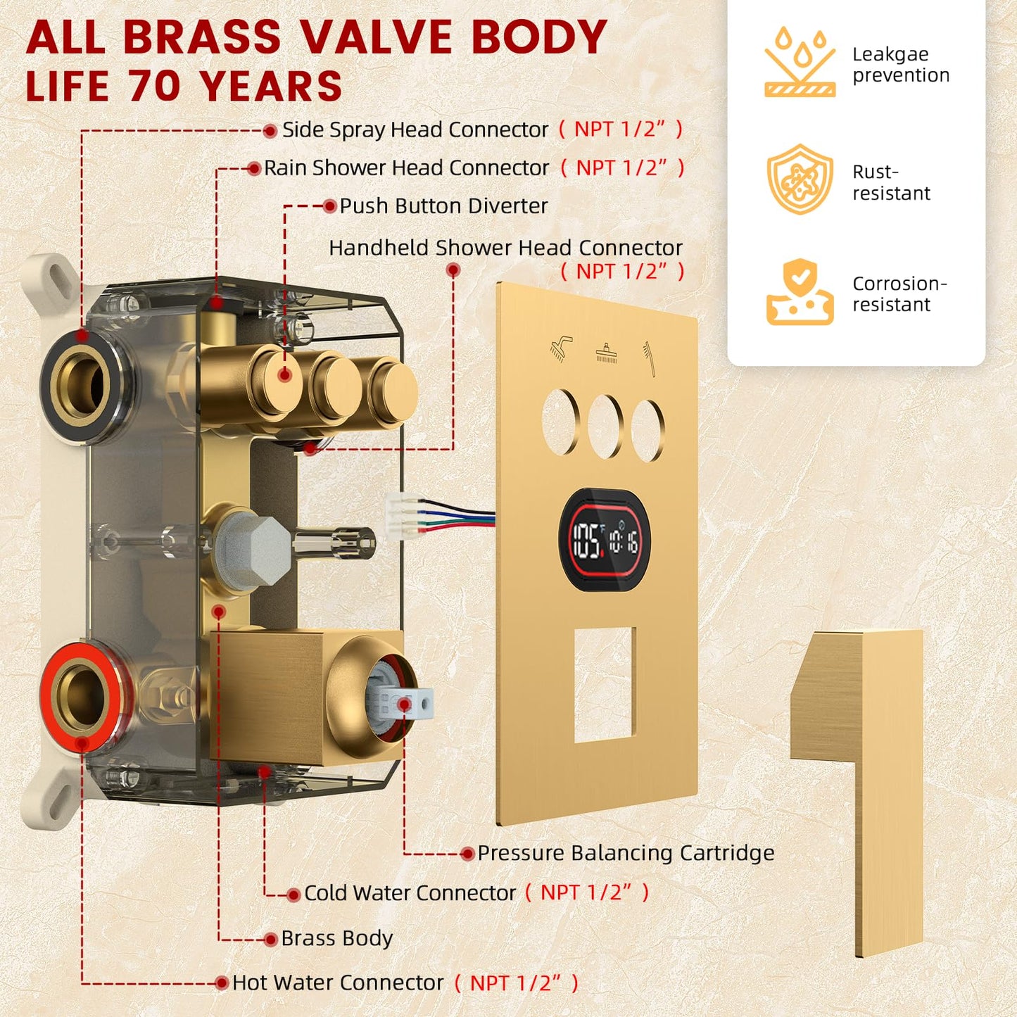 Push Button Diverter Shower Faucet Set Hydro Power Temperature Display, Shower System Wall Mounted 10" & 6" Shower Head with 3-Spary Handheld, Shower Fixtures with Valve and Trim Kit, Brushed Gold