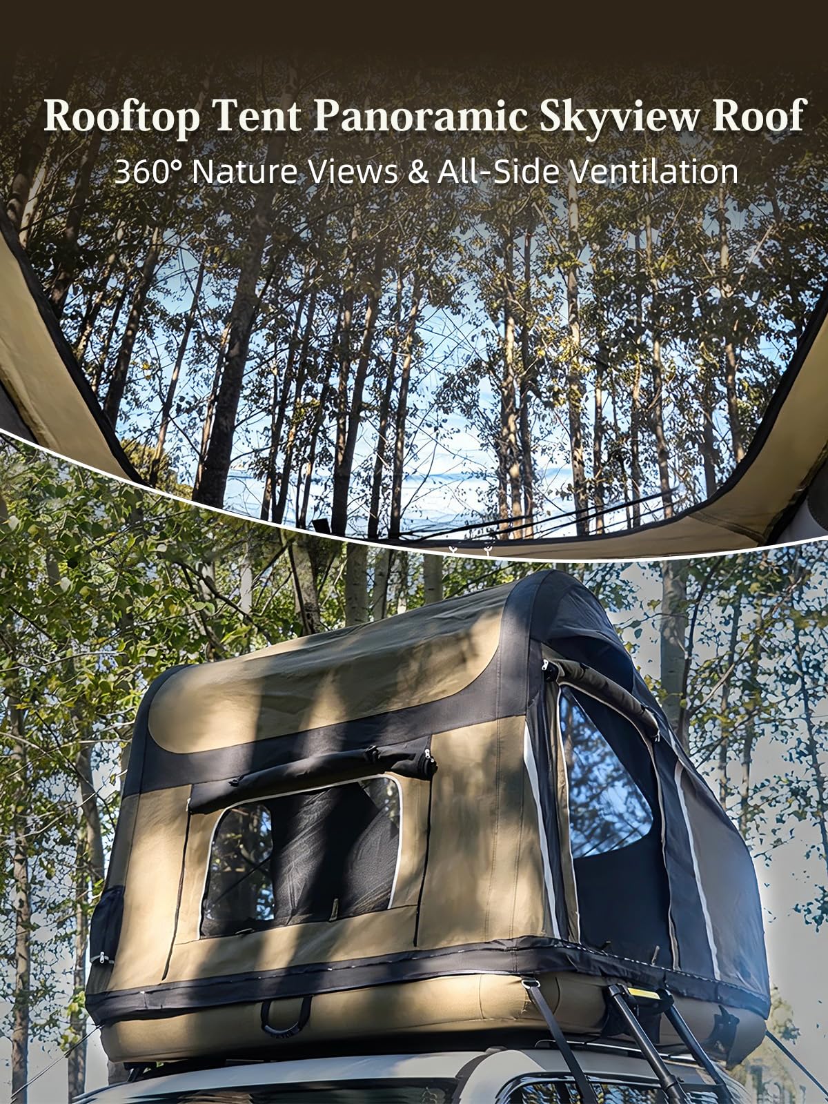 MC TOMOUNT Inflatable Rooftop Tent for Camping, Roof Top Truck Tent with Detachable Mattress, Panoramic Skylight & Ladder, Easy Setup Blow Up 2-3 Person Canvas Roof Tent for Car SUV Jeep Van