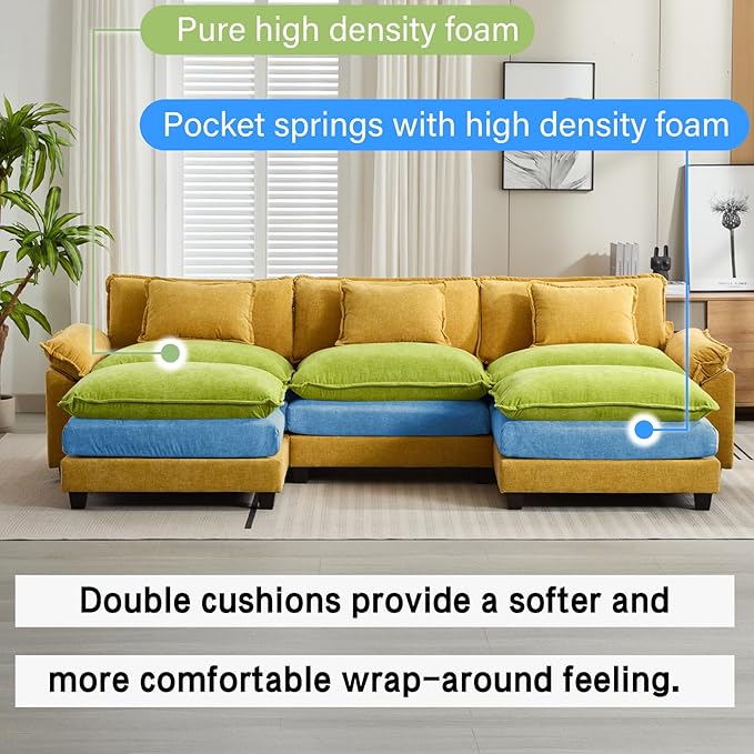 Oprisen 120" Modular Sectional Sofa, Comfy Cloud Couch Sectional Sofa with Ottoman, Chenille Sofa Sleeper Deep Seat Sofa with Throw Pillows for Living Room (Yellow, 120"- U Shape)