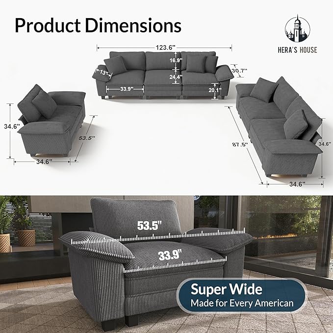 HERA'S HOUSE 3 Pieces Modular Sectional Sofa Sets, Oversized Couch Set with Loveseats and Armchair, Comfy Cloud Couches with Throw Pillows, 6-Seater Deep Seat Sofa for Living Room, Corduroy Grey