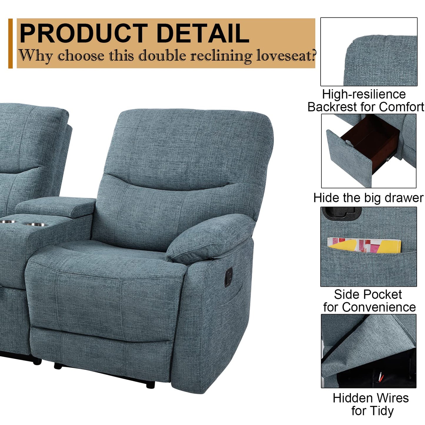 B BAIJIAWEI Double Reclining Loveseat - Fabric Home Theater Seating with Console - 2 Seater Manual Reclining Couch for Living Room, Office (Fabric- Blue)