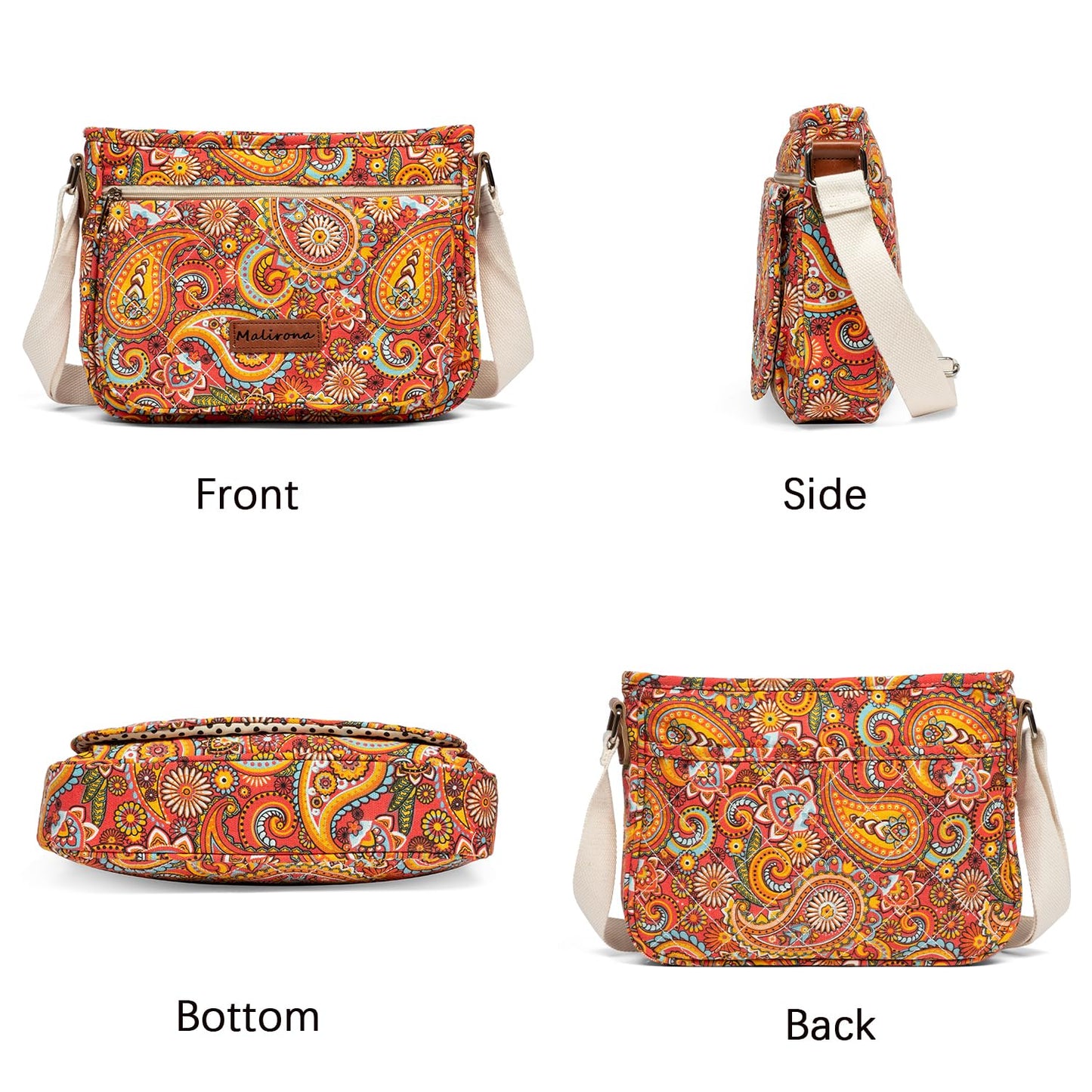 Malirona Women 's Durable Floral Crossbody Bag Canvas Messenger Handbag Multi Pocket Travel Satchel Purse (Red Flower-M)