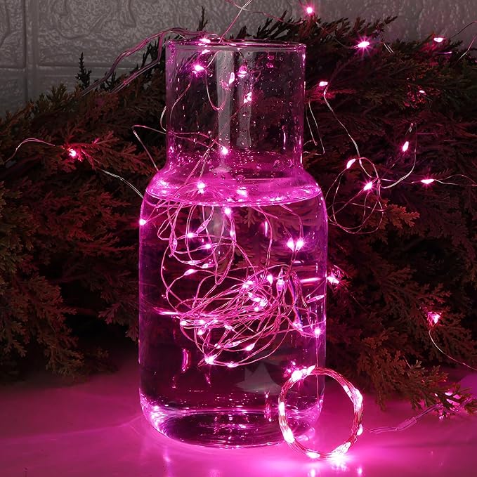 WATERGLIDE 12 Pack Valentine's Fairy Lights Battery Operated (Included), 7 ft 20 LED Mini String Lights, Waterproof Silver Wire Firefly Starry Light for DIY Wedding Party Mason Jars Decor, Pink