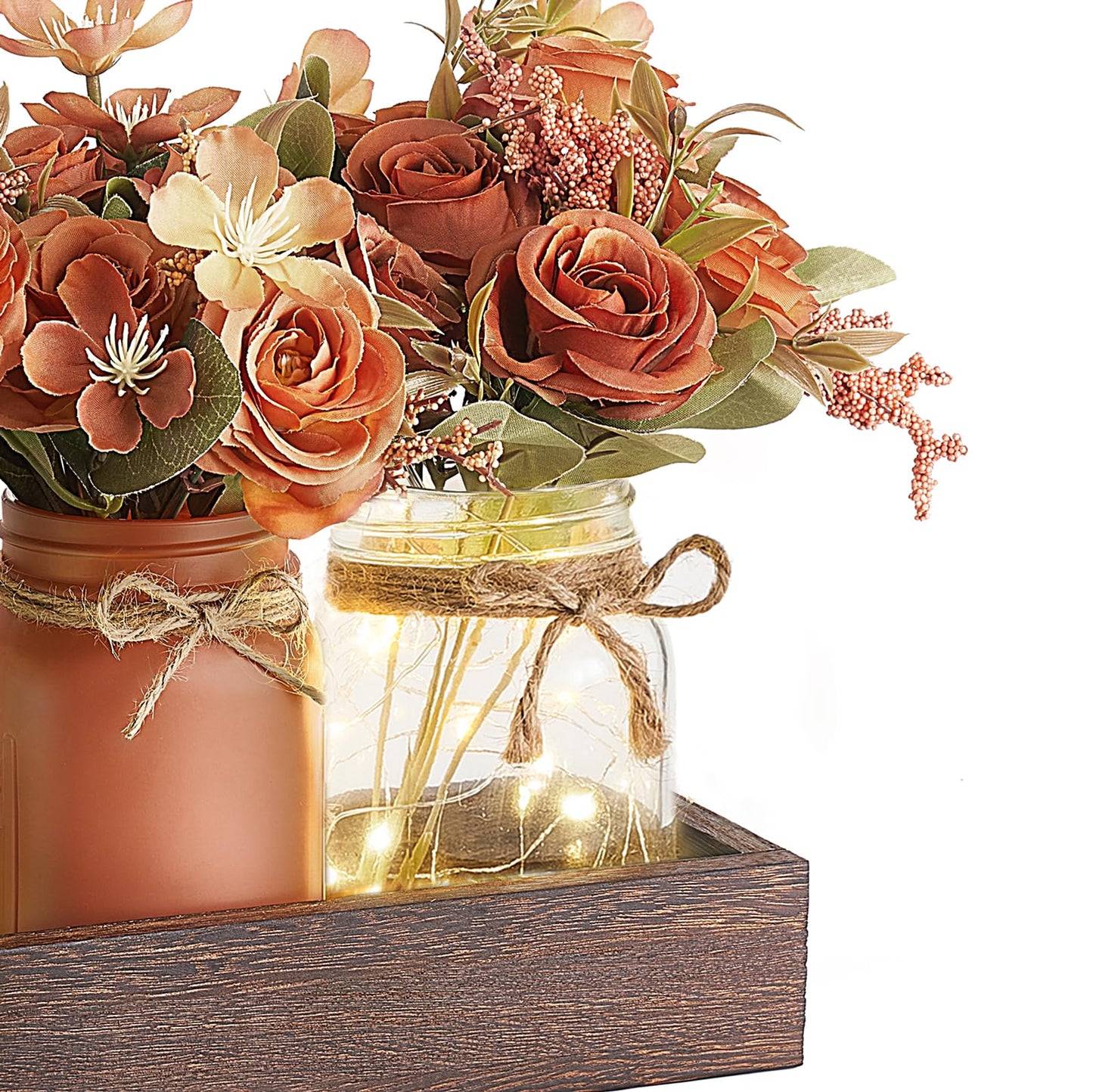Mkono Mason Jar Lights Centerpiece Table Decorations for Dining Room Farmhouse Coffee Table Decor Tray with 3 Jars Flowers Centerpieces Summer Decor for Kitchen Living Dining Room, Orange