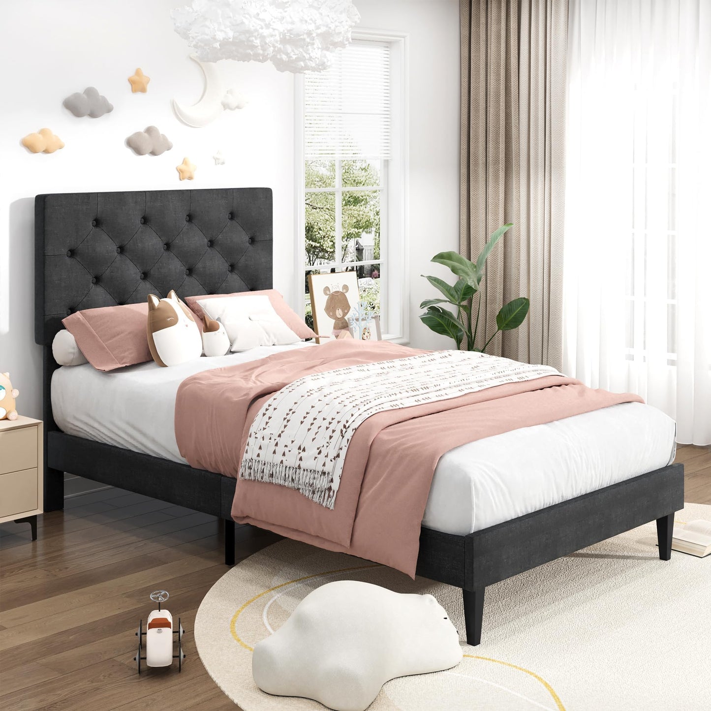 Twin Bed Frame, Upholstered Platform Bed with Button Tufted Headboard, Fabric Bed Frame with Wooden Slats Support, No Box Spring Required, Easy Assembly, Dark Grey