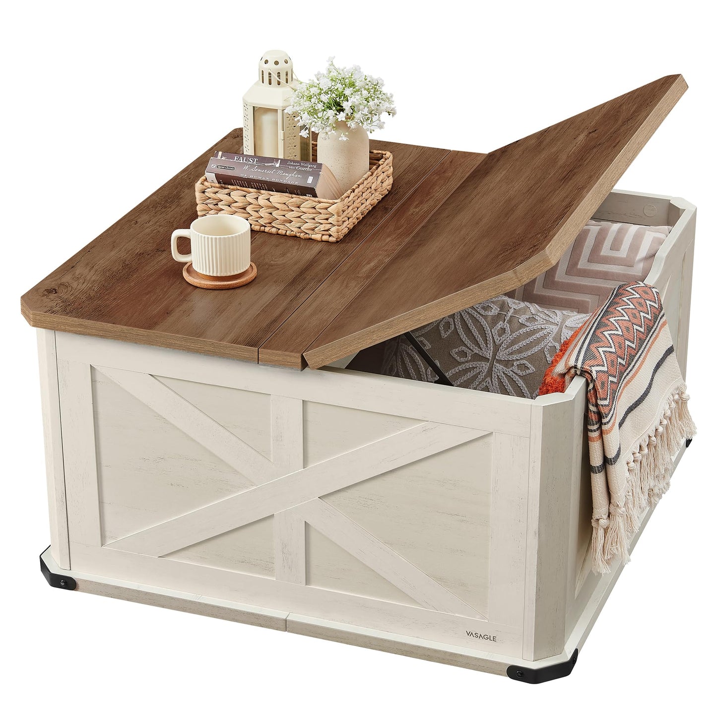 VASAGLE Farmhouse Coffee Table with Storage, Square Coffee Table for Living Room, Center Table with Flip-Top Lids, Honey Brown and Rustic White ULCT232W73