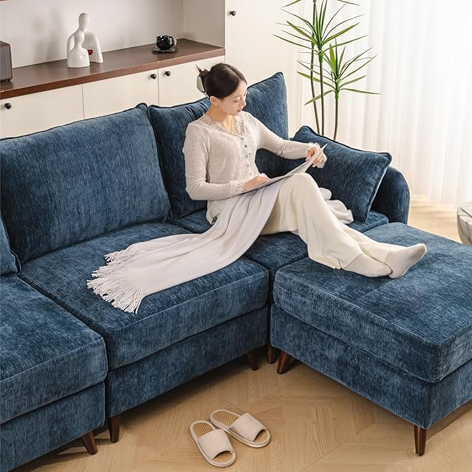 Rexulqo 135'' Modular Sectional Sofa with All Seats Storage, Oversized L Shaped Couch,4-Seater Comfy Cloud Couches with Movable Ottoman,24.5'' Deep Seat,Big Sofas for Living Room,Bedroom,Velet,Blue