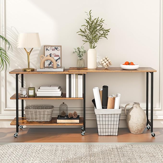 Giantex 360° Free Rotating Sofa Side Table, Mobile L-Shaped Laptop Desk with Sturdy Metal Frame, 6 Universal Casters, Movable Couch Snack Table with 2-Tier Storage Shelf for Home (Brown)
