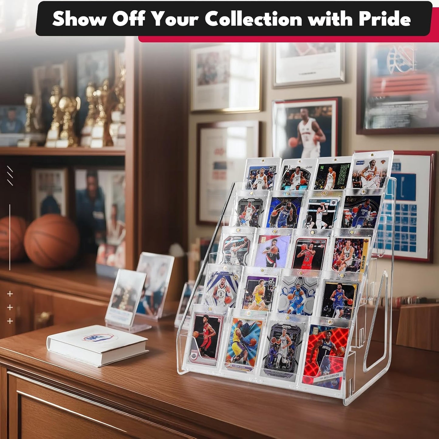 Trading Card Display Stand, Vertical Holder for Baseball Basketball Sports Graded Card Display Stand Tabletop for PSA BGS SGC Slabs, Snap-On Assembly(5 Tier, 1 Pack)
