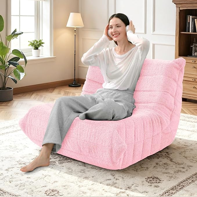 HABUTWAY Bean Bag Chairs Fireside Lazy Floor Sofa, Soft Teddy Fleece Bean Bag Sofa with High-Resilience Foam Filling，Beanbag for Living Room, Bedroom, Office (Pink Teddy)