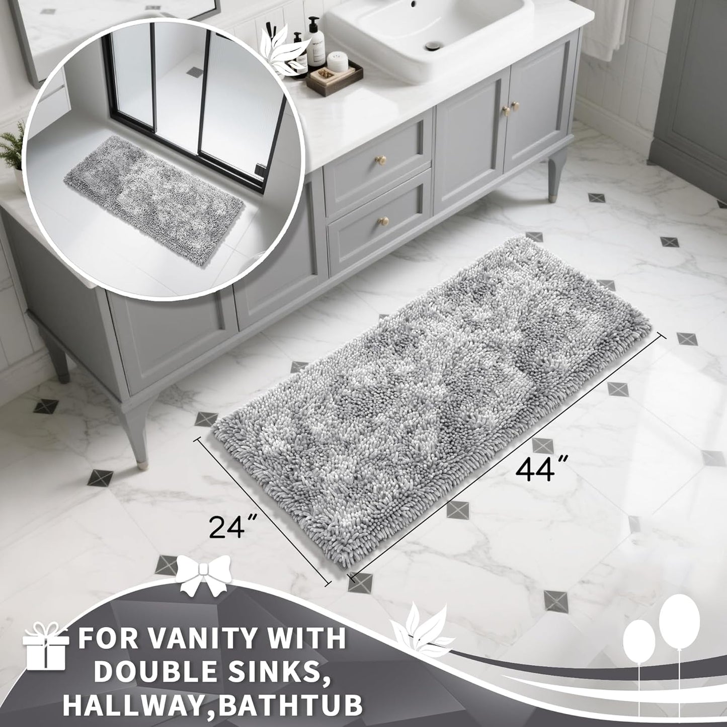Yimobra Long Bathroom Rug Non Slip 44x24 Inch, Extra Thick Soft Absorbent Chenille Bath Mat, Machine Washable Bath Rugs for Bathroom Floor, Tub and Shower, Home Decor Accessories, Light Grey