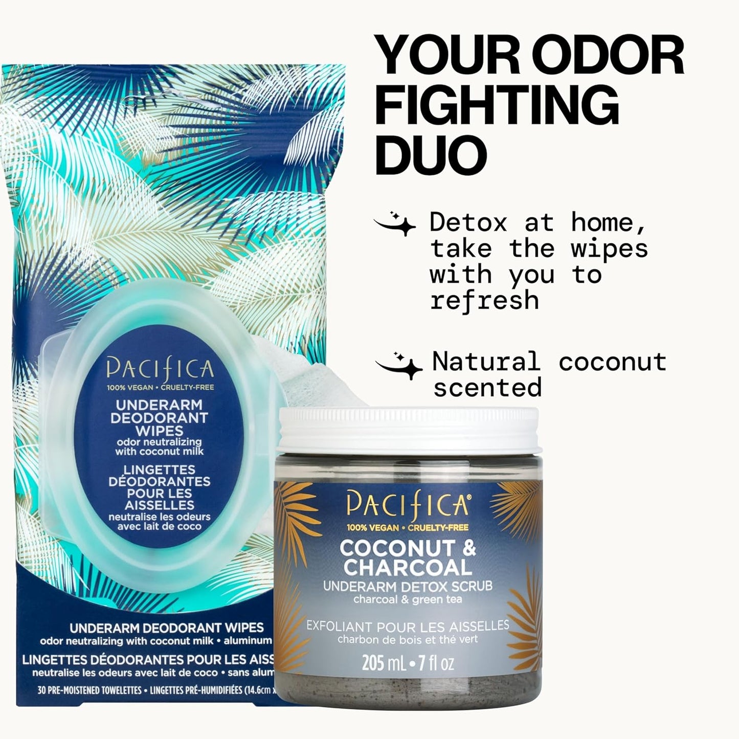 Pacifica Underarm Detox & Odor Control Bundle – Coconut & Charcoal Armpit Scrub and Coconut Deodorant Wipes, Aluminum-Free Underarm Care Set for Natural Deodorant Users