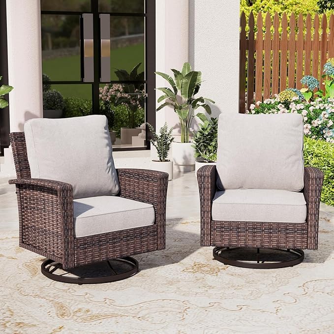 SUNSHINE VALLEY Patio Wicker Swivel Chairs Set of 2, Outdoor High Back Chairs with 5.5" Waterproof Cushions, Outdoor Furniture Set for Deck Porch and Yard, Peacock Blue