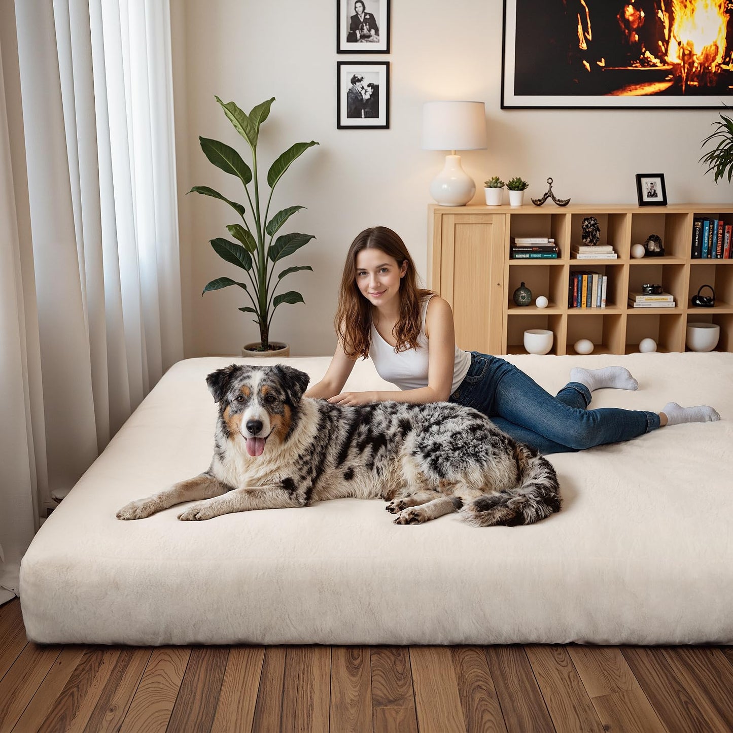 LFCREATOR Giant Bean Bag Chair for Adults, Faux Fur Bean Bag Chair Bed with Mattress Bed Use, Convertible Bean Bag Sofa Bed with Filler Included for Living Room,Bedroom, White.Large-Sized