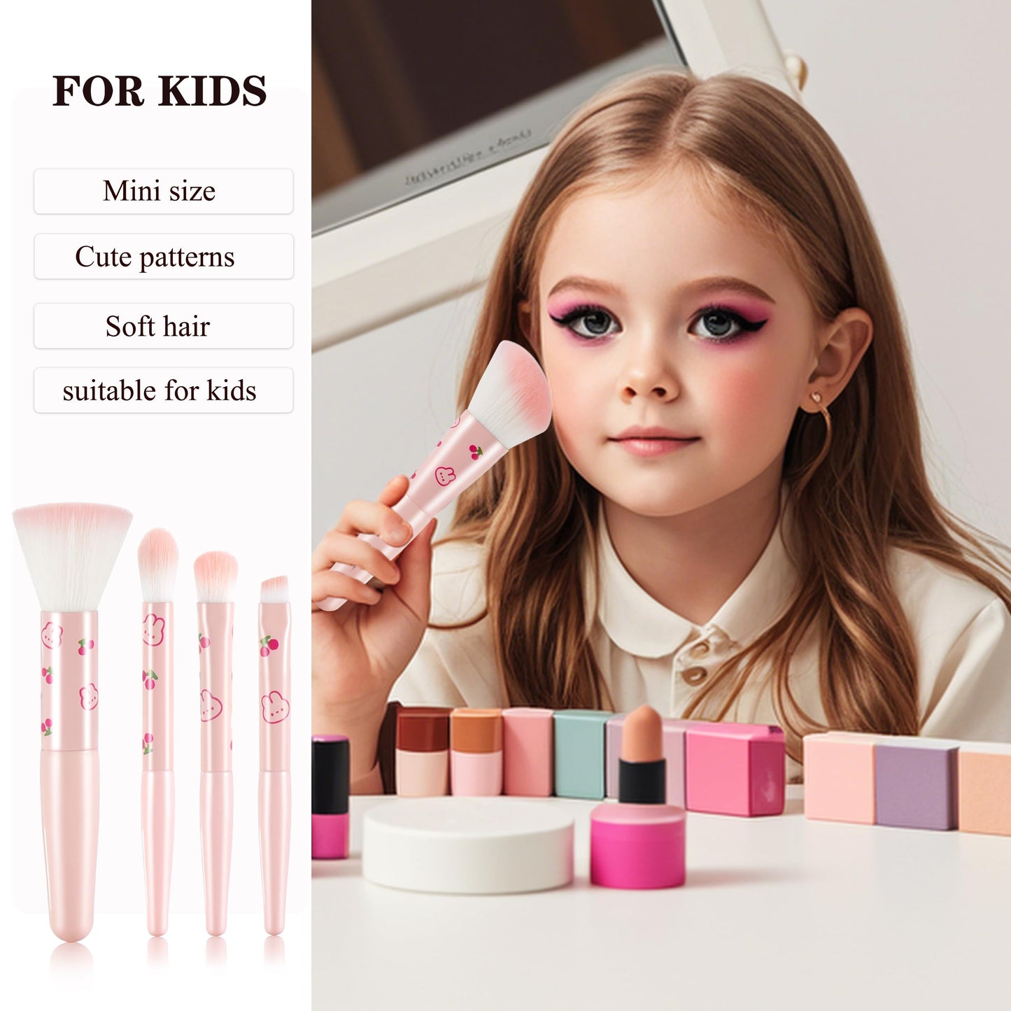 5Pcs Pink Printed Travel Makeup Brushes With Bag and 5Pcs Finger Puff Cosmetic Tool Kit Soft synthetic Fiber for Foundation, Pow