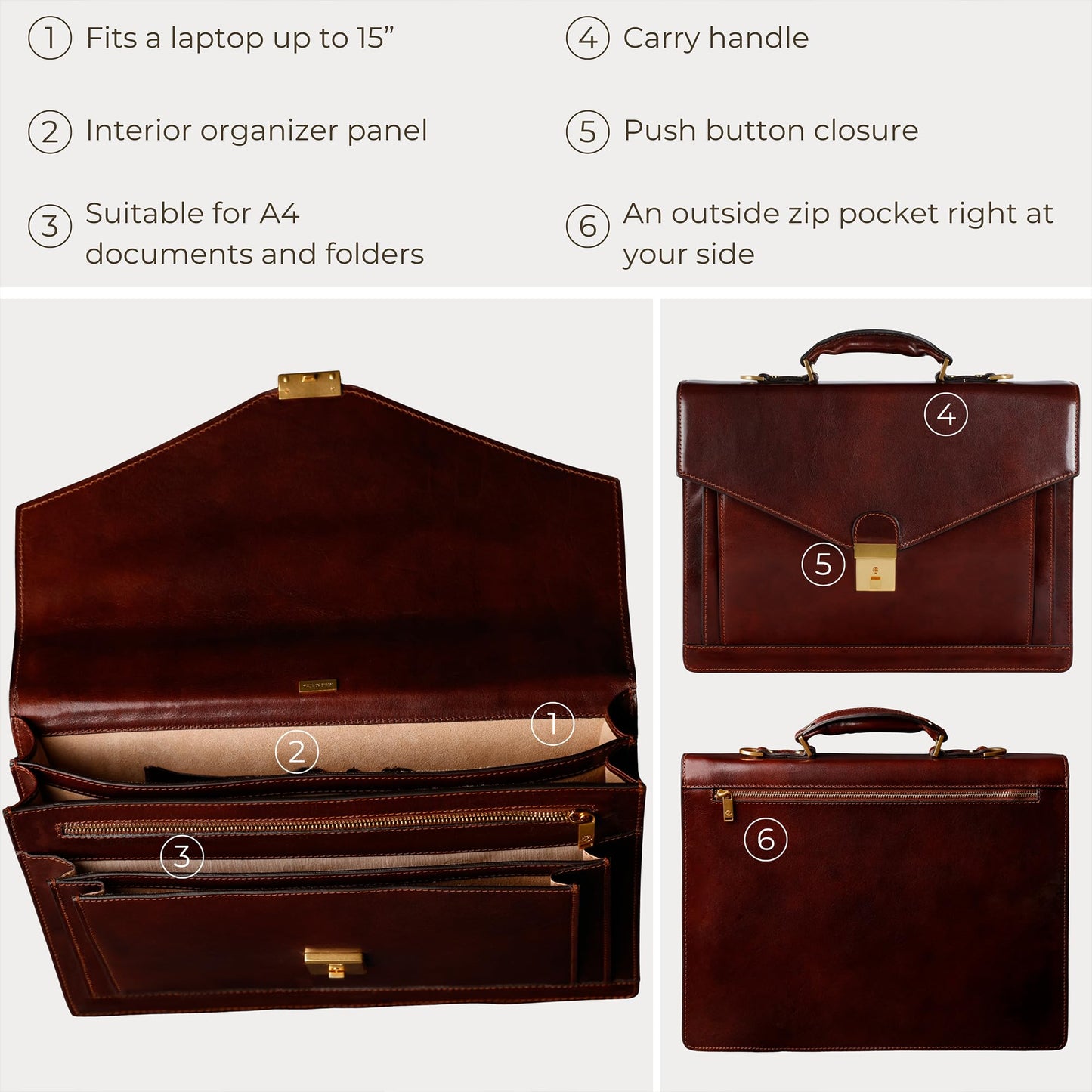 Time Resistance Leather Briefcase for Men - Business Laptop Bag - Italian Handmade Leather Bag - Attache - Gift Box Included (Brown)