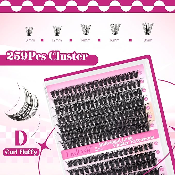 Lash Clusters Fluffy 60D+80D 10-18mm Mixed Tray Thick Eyelash Clusters D Curl Individual Lashes 259pcs Eyelash Extension Clusters Wispy Soft DIY Lash Extensions (60D+80D-0.07-D,10-18mm)