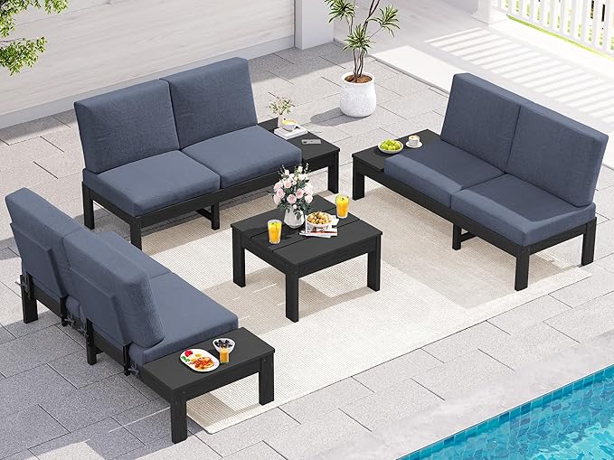 SERWALL HDPE Outdoor Furniture Set, 6 Seats Outdoor Sectional with Coffee Table, Outdoor Conversation Sets with Adjustable Backrest Sofa for Deck, Yard and Balcony, Black Frame with Grey Cushion