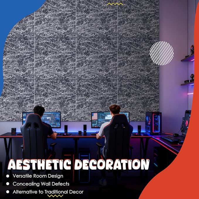 EVENRISING Acoustic Wall Panels 6 Pack, 24"x24"Decorative Art Soundproof Panels, Sound Absorbing Self-Adhesive Panel, Acoustic Treatment for Studio, Home Theater, Office (Storm AuraGrain)