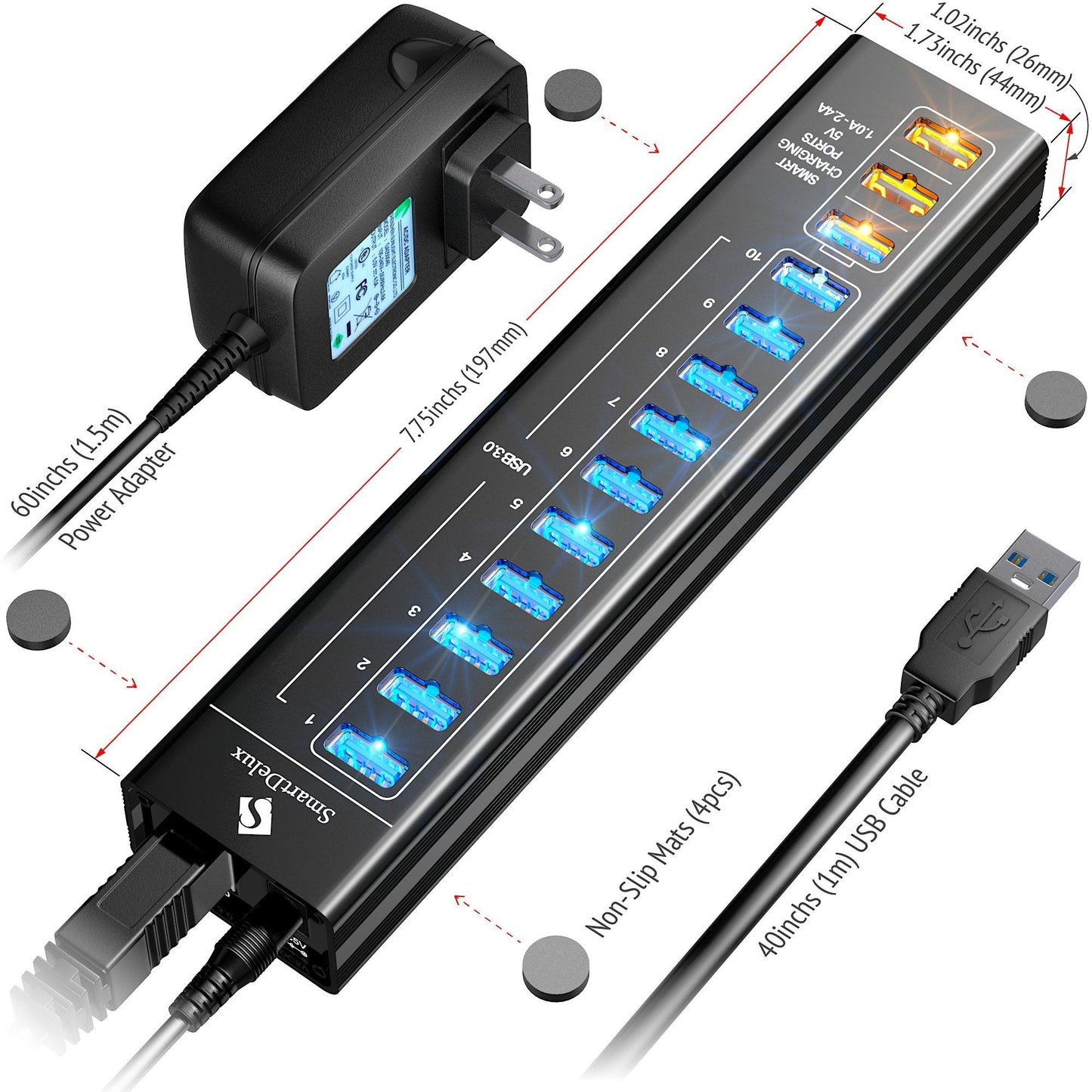 Smartdelux Powered Usb Hub - 13-Port Usb 3.0 Hub With 10 Usb 3.0 Ports, 3 Smart Charging Ports, Power Adapter, Long Cord, Leds -