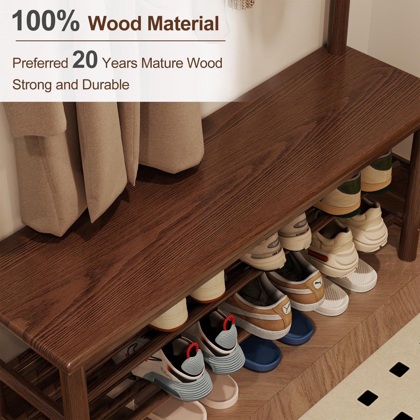 AQIMUELE Hall Tree, Coat Rack with Shoe Storage, Wooden Hall Tree with Bench, 11 Hooks and 2-Tier Storage Shelves, Entryway Bench with Coat Rack (39.3" - Deep Walnut)