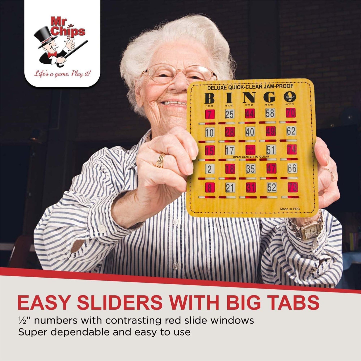 MR CHIPS Jam-Proof Quick-Clear Deluxe Fingertip Slide Bingo Cards with Sliding Windows 50 Pack in Woodgrain Style