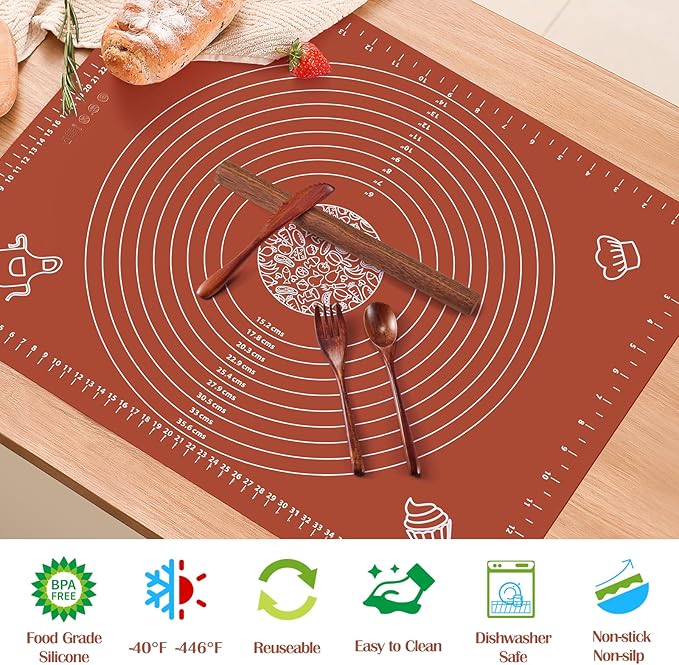 6PCS Silicone Baking Mat Set, Pastry Mat with Measurements Wooden Rolling Pin/Knife/Fork/Spoon/Scraper, Pasta Cutter,Non-slip Silicone Mat, Non-Stick Dough Mat for Counter,Kneading Mat Set,28''*20''