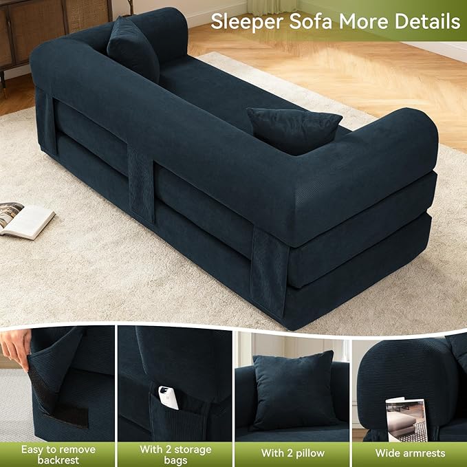 GJQ Convertible Futon Sofa Bed,80" Folding Pull Out Couch with Pillows & Storage Pocket, Oversized Queen Sleeper Sofa in a Box,Corduroy Boneless Couch for Living Room,Navy Blue