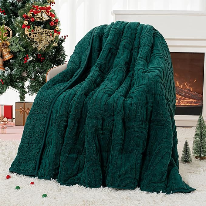 Cottonblue Jacquard Weighted Blanket for Adults 15 lbs Twin Size, Cozy Fluffy Sherpa Fleece Weighted Throw Blankets 48" x 72" for Sleep Relax, Fuzzy Warm Arch Heavy Blanket Soft for Bed Couch, Green