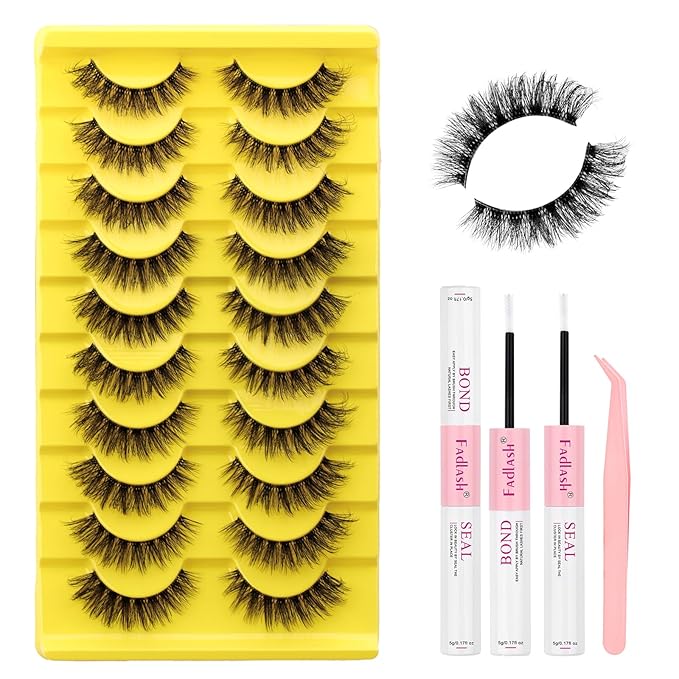 FADLASH False Eyelashes Kit 10 Pairs Cat Eye Lashes Mink Lashes Wispy with Lash Bond and Seal and Tweezer Fake Eyelashes Natural Look Handmade Eyelashes Fake Lashes Strips (LZ-201 Kit)