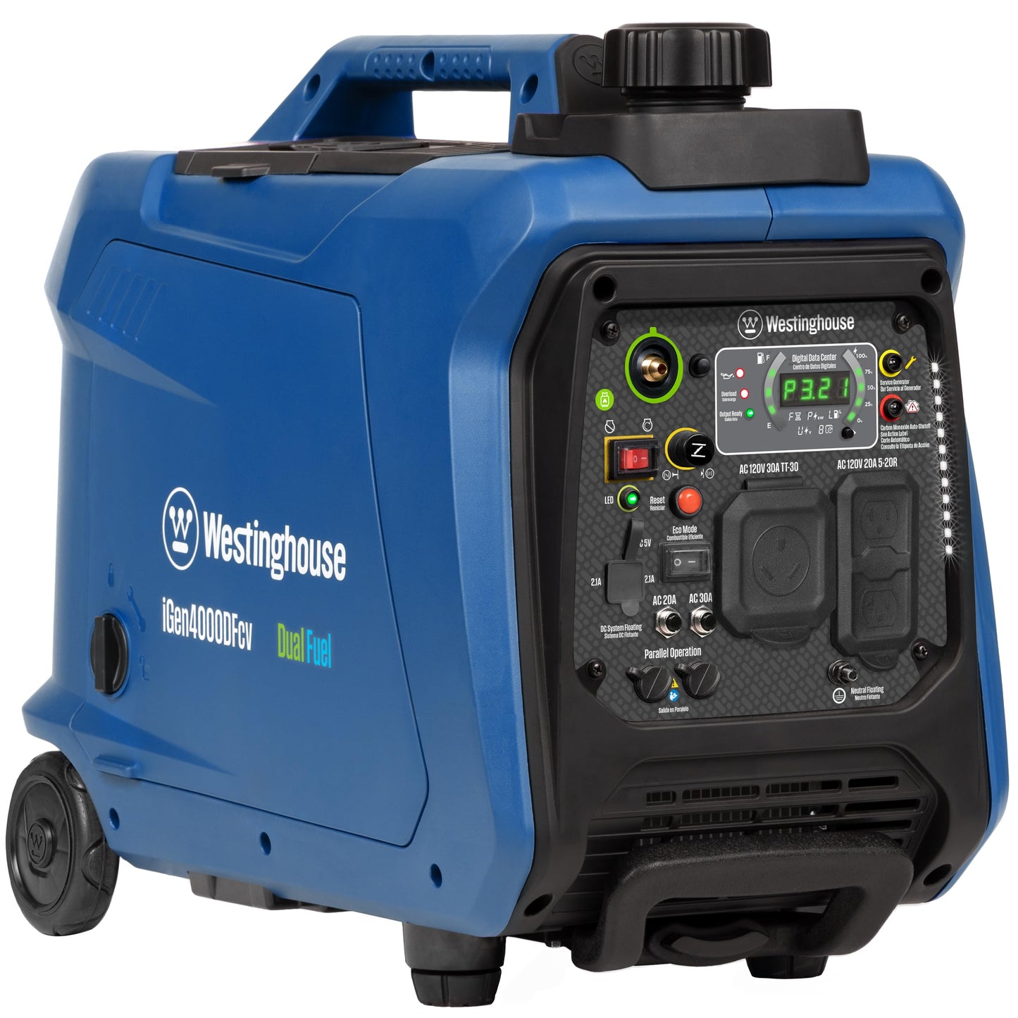 Westinghouse 4000 Peak Watt Super Quiet Dual Fuel Portable Inverter Generator, Wheel & Handle Kit, Gas & Propane Powered, RV Ready, CO Sensor, Parallel Capable